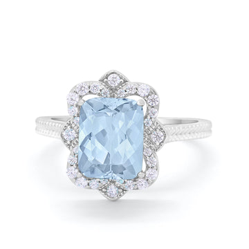 Halo Emerald Cut Engagement Ring Simulated Aquamarine CZ 925 Sterling Silver
